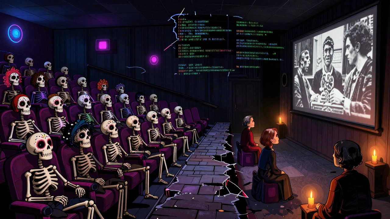 Two cinematic worlds: one crowded with identical skeleton viewers, the other a quiet group watching a foreign film in candlelight.