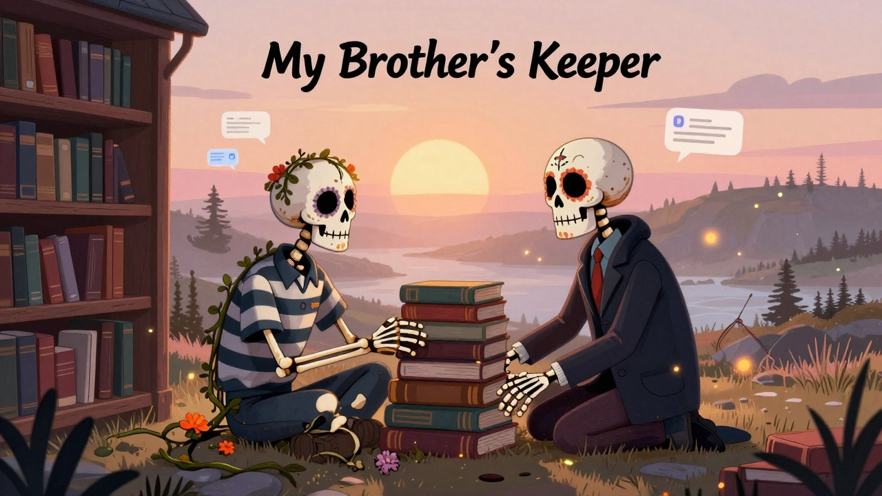 Two skeletal brothers stacking books in a rural library, vines and firefly-like messages floating around.