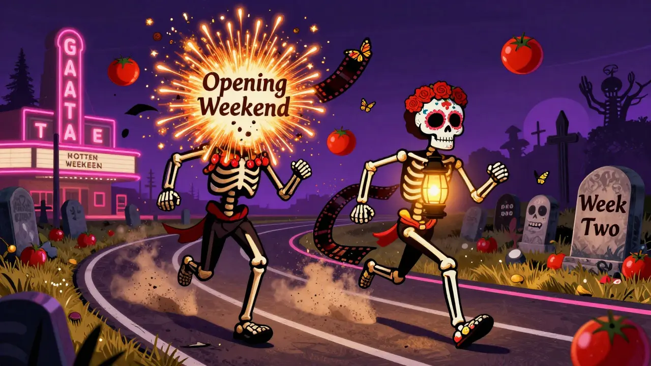 Two skeletal racers compete on a film strip track, one fading, the other glowing steadily forward.