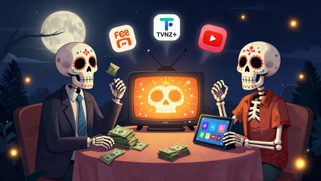 Two skeletons at a table: one overwhelmed by cable bills, the other relaxed with streaming apps and cash beside a glowing smart TV sugar skull.