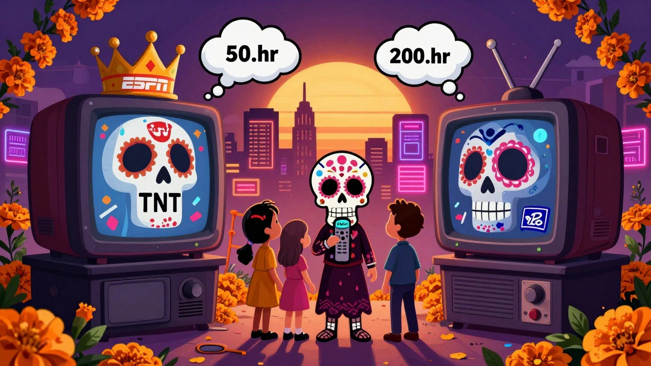 Two spectral TV giants battle while a family holds a sugar skull remote, surrounded by floating DVR clouds and glowing missing channels under a twilight sky.