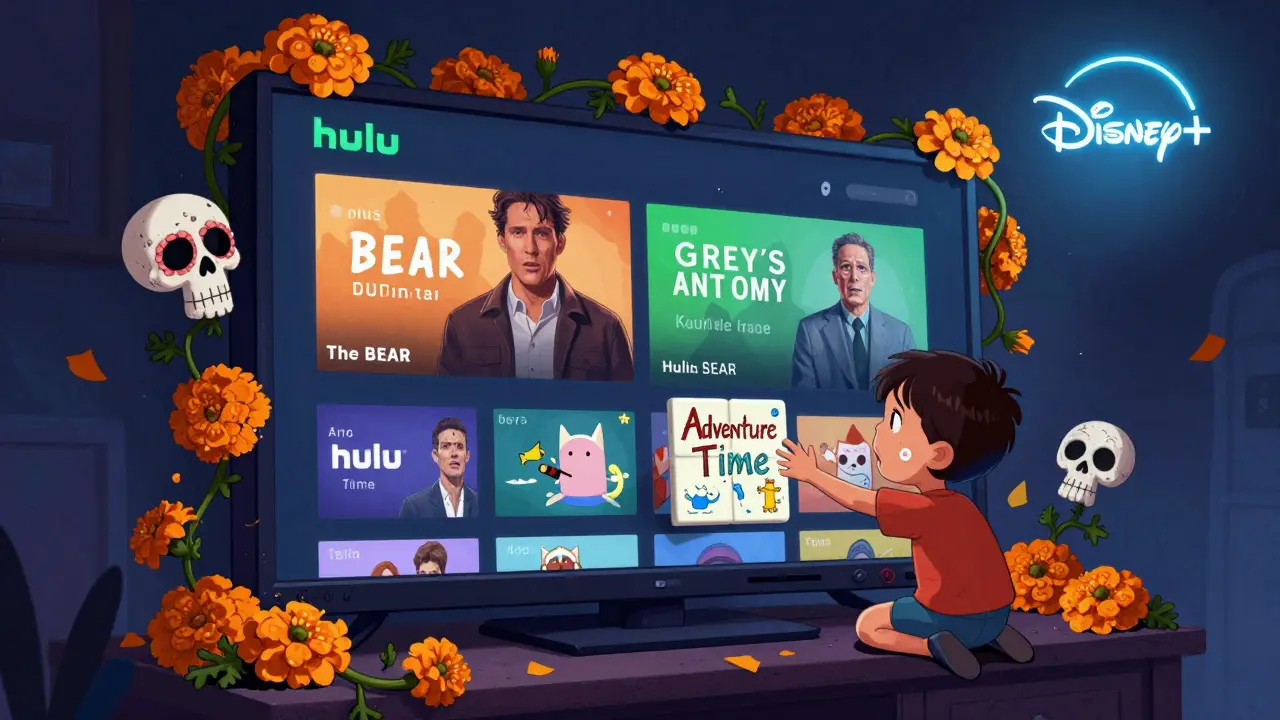A chaotic Hulu interface overwhelms a child while a calm Disney+ logo glows above.