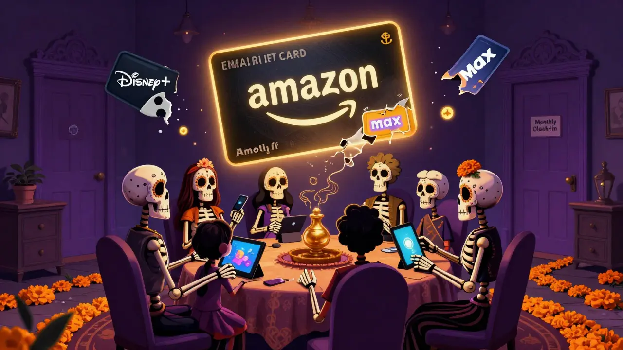A family of skeletons watches streaming devices while one eternal Amazon gift card glows above them, others turning to ash.