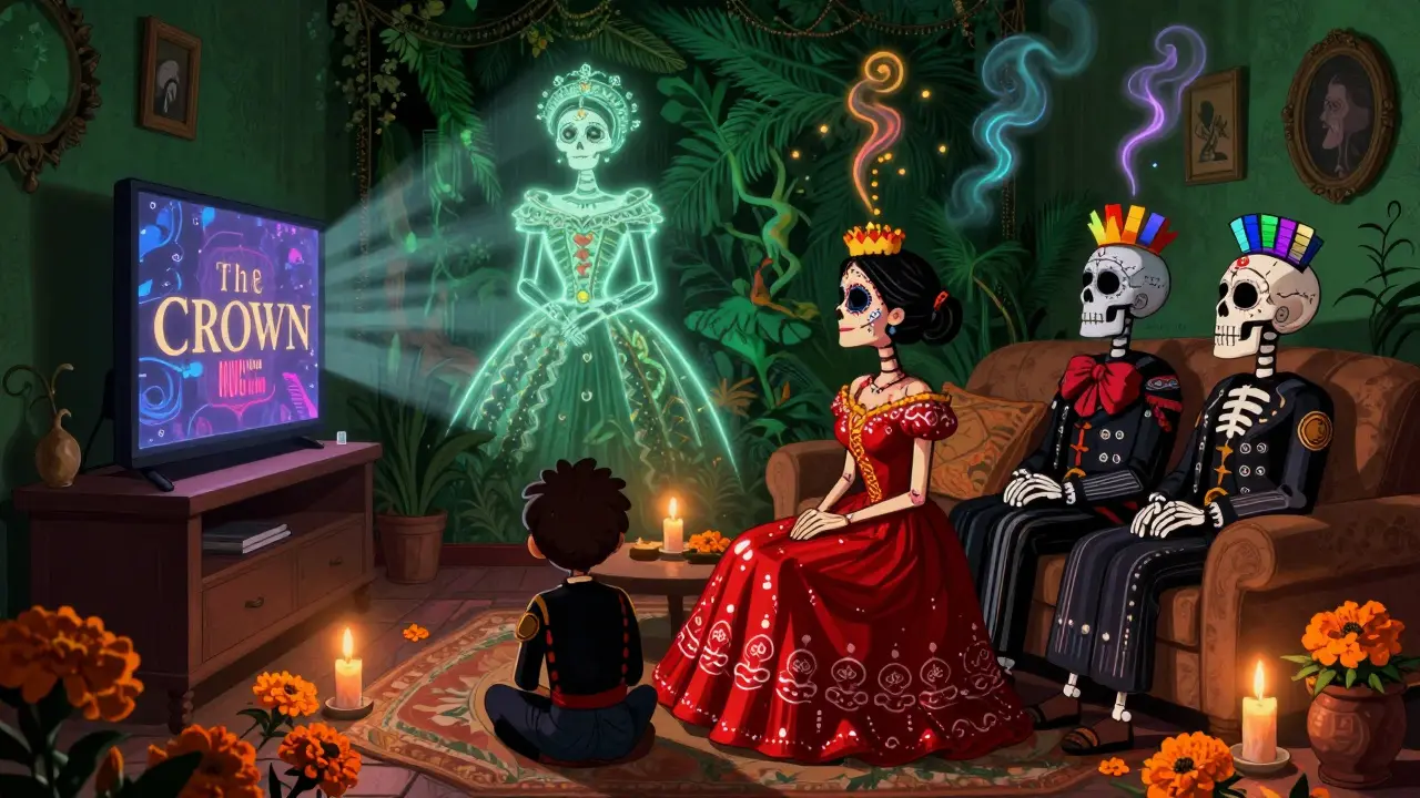 A family watches a glowing queen in rich colors, while ancestral calaveras nod in approval under marigold petals and color spectrums.