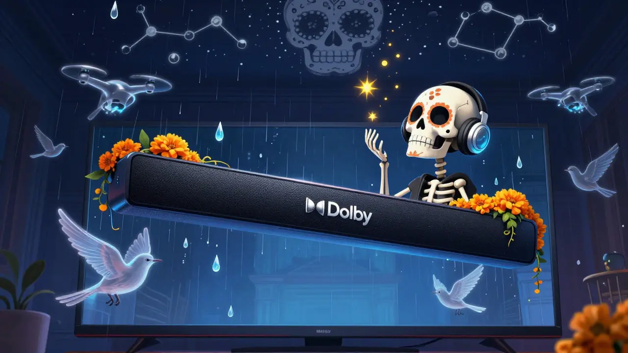A floating soundbar projects 3D sound objects like rain and drones, with a skeleton looking up in wonder.