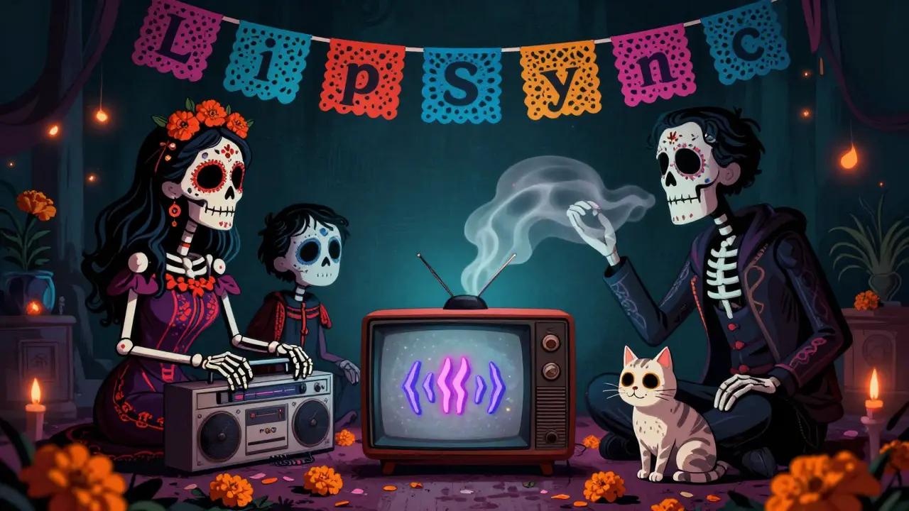 A ghostly family watches TV as sound floats away as echoes, with a skeletal cat beside a Bluetooth speaker and papel picado banners.