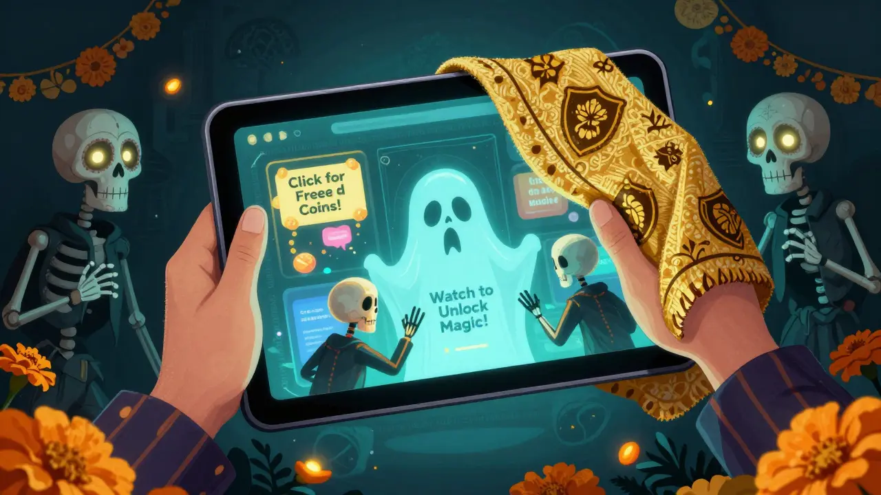 A ghostly tablet floats as skeletons reach for pop-up ads, while a parent’s hand covers it with a marigold cloth in a Day of the Dead aesthetic.