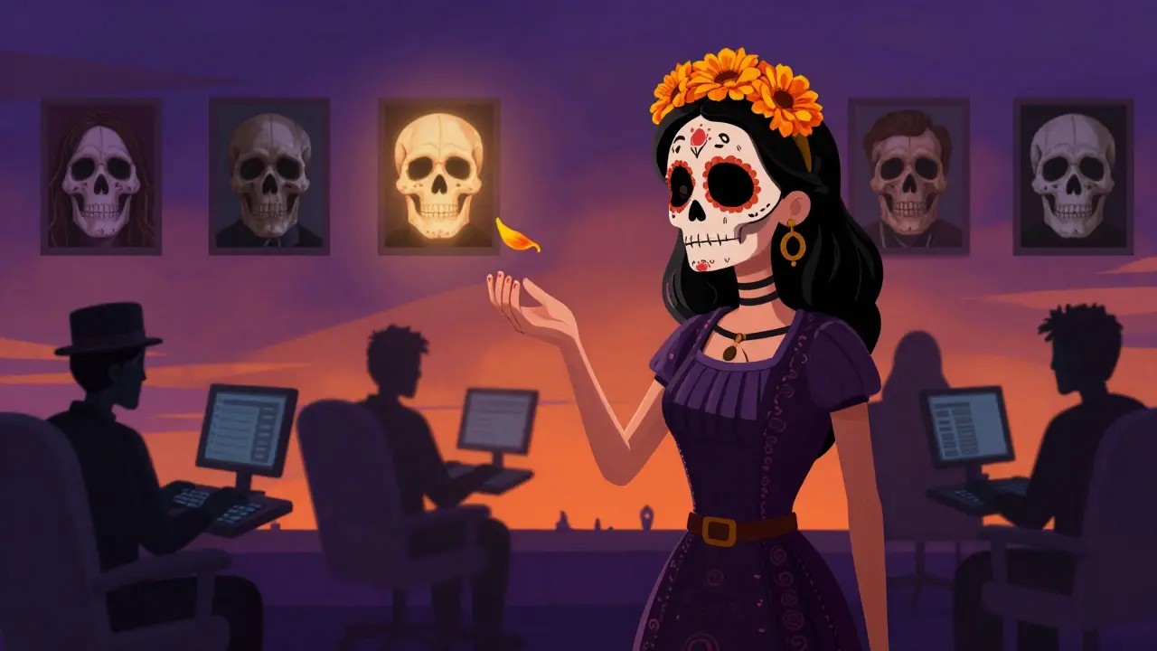 A mother placing a marigold petal on a glowing victim skull, while shadowy detectives type in the background.