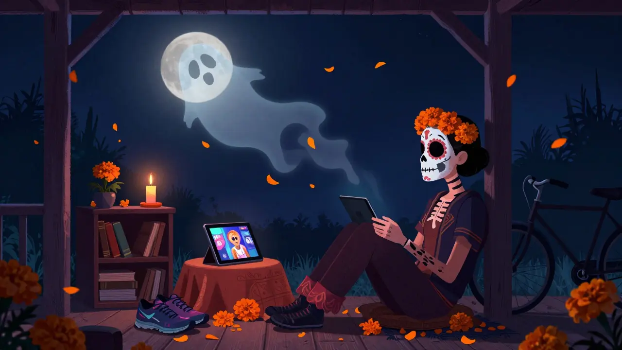 A peaceful person watching one show on a tablet, with canceled services fading into the night as marigold petals swirl around them.