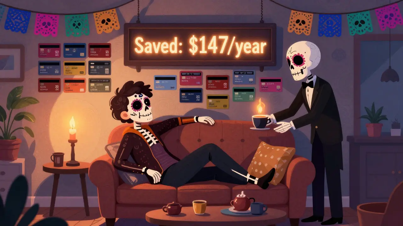 A person relaxing as a scoreboard shows 7 saved, surrounded by virtual cards in Day of the Dead style.