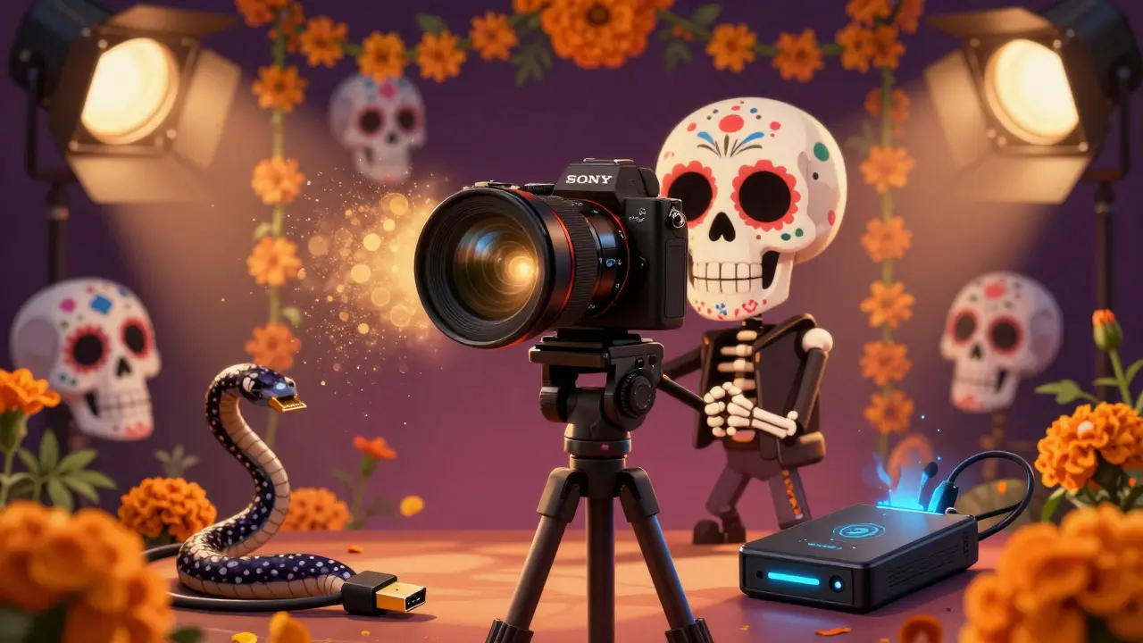 A skeletal content creator using a mirrorless camera with golden bokeh, HDMI cable winding like a serpent, sugar skulls in background.