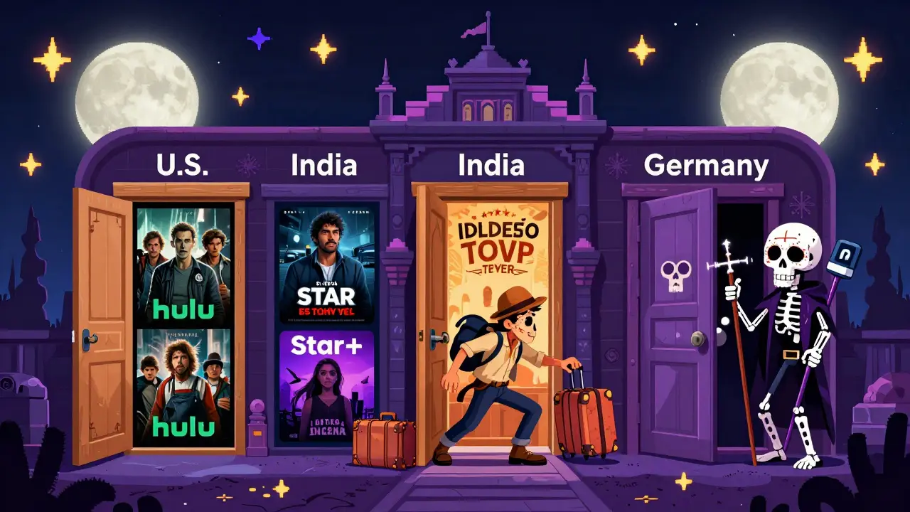 A skeletal Disney+ temple with doors to regional libraries, a traveler blocked by a VPN-guarding skull under a starry sky.