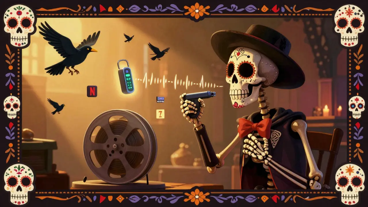 A skeleton actor's voice carried by crows while a calibration tool measures delay, surrounded by streaming service icons and sugar skull borders.