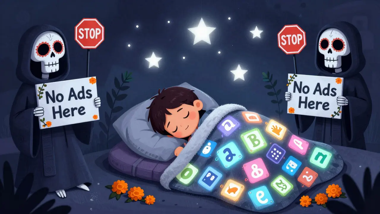 A sleeping child under a blanket of ad-free educational apps, guarded by skeletal teachers with 'No Ads Here' signs in a calm Day of the Dead scene.