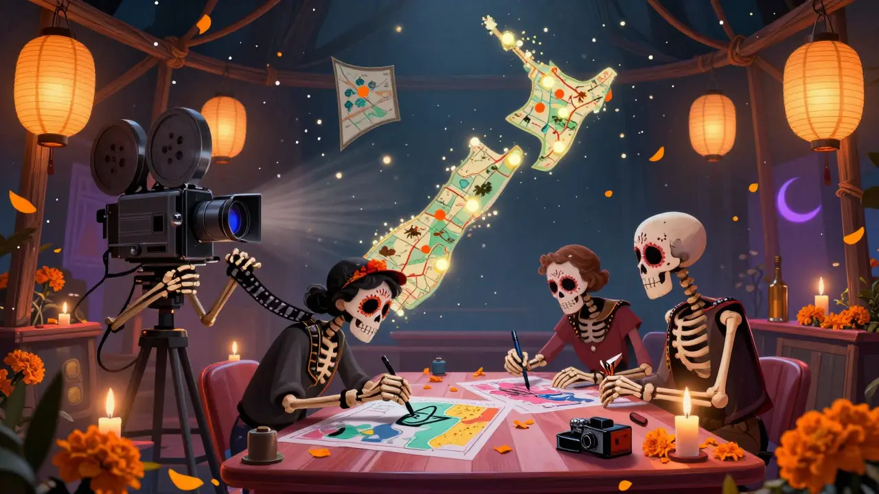 A spirit crew builds a cinematic diner on a soundstage made of bones and lanterns, with a glowing map of New Zealand drifting above.