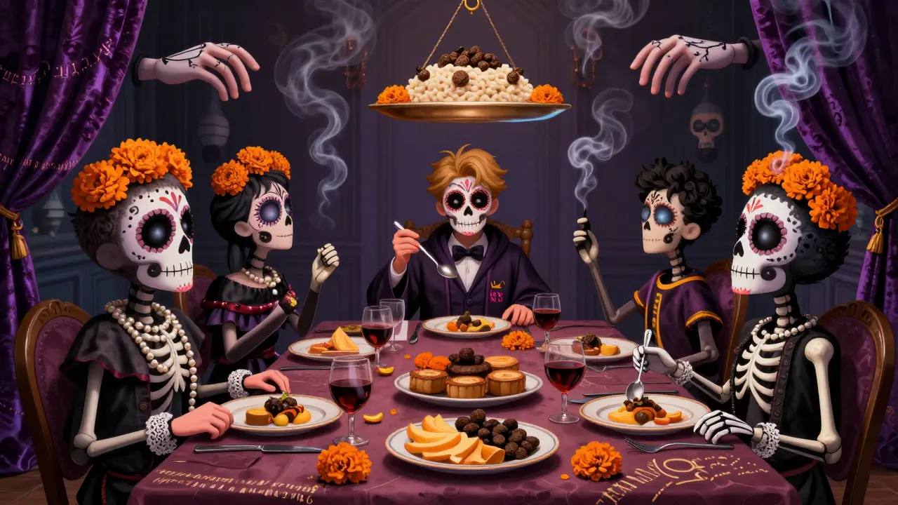 A surreal breakfast scene where a young man eats alone at a long table, while the wealthy family around him are painted as skeletal figures with dissolving luxury clothing and floating smoke hands.