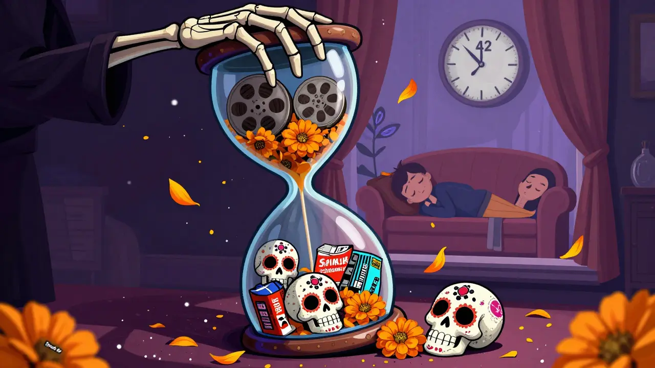 An hourglass with movie reels above and ads below, skeletal hand adjusting it, ghostly clock showing 42 hours of annual ad time, marigold petals with 'Track Me' labels.