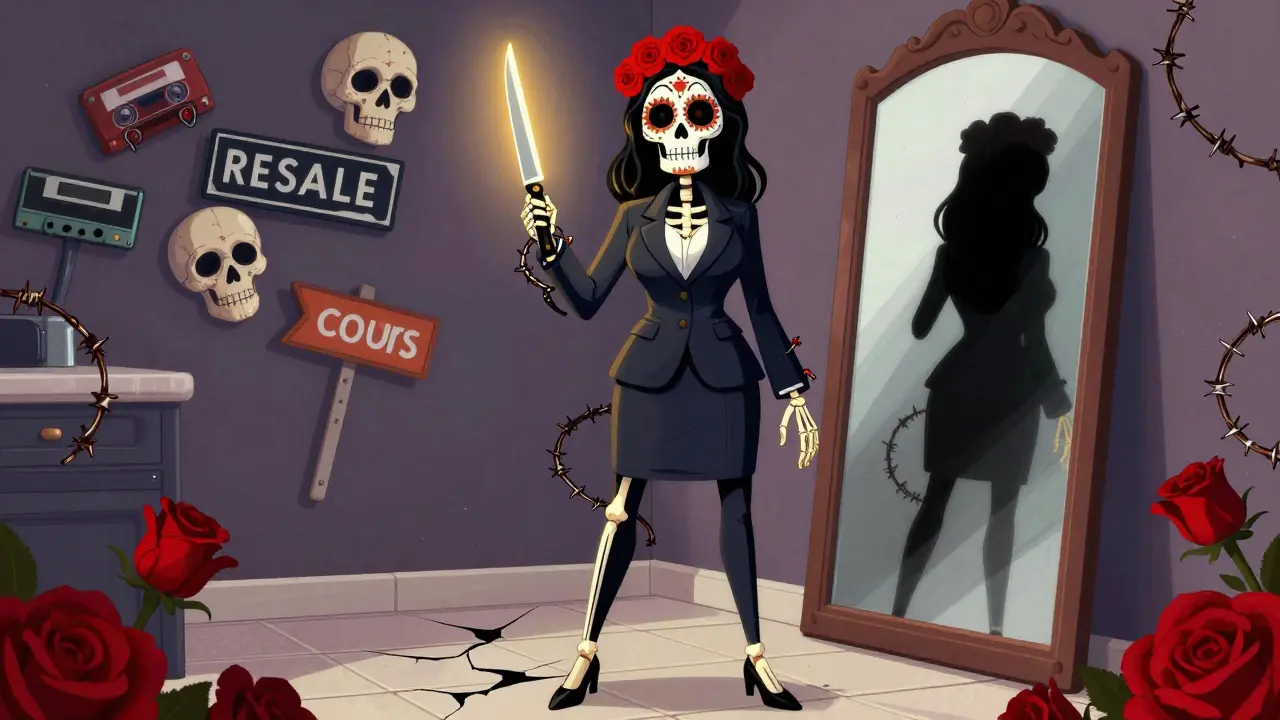 Carolyn Burnham as a skeletal woman holding a glowing knife, facing a mirror that reflects emptiness, surrounded by real estate symbols.