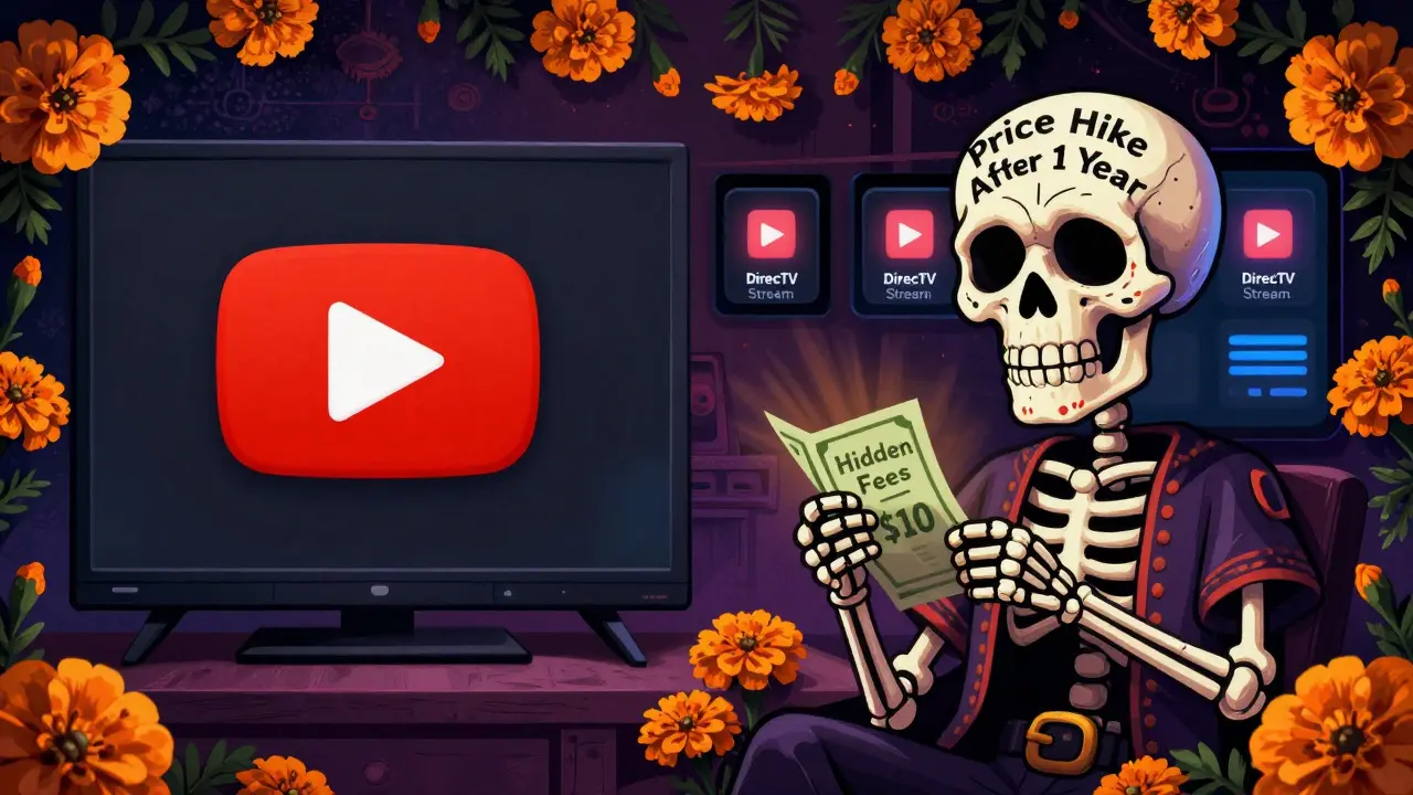 Contrasting DirecTV Stream and YouTube TV with skeletal figures, hidden fees, and price hike warnings in vibrant Day of the Dead art style.