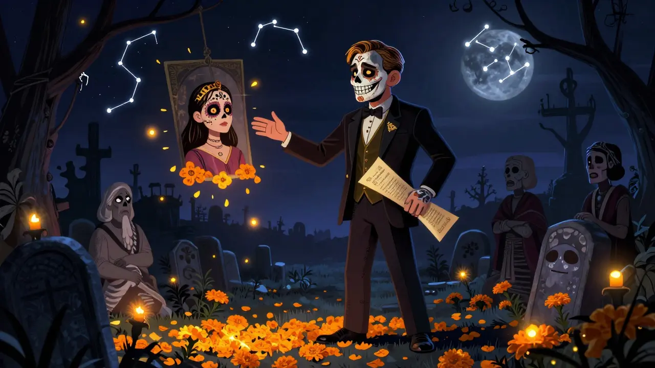 Ernest Burkhart stands in a graveyard, half-skeletal, clutching a deed as ghostly ancestors watch over marigold petals.