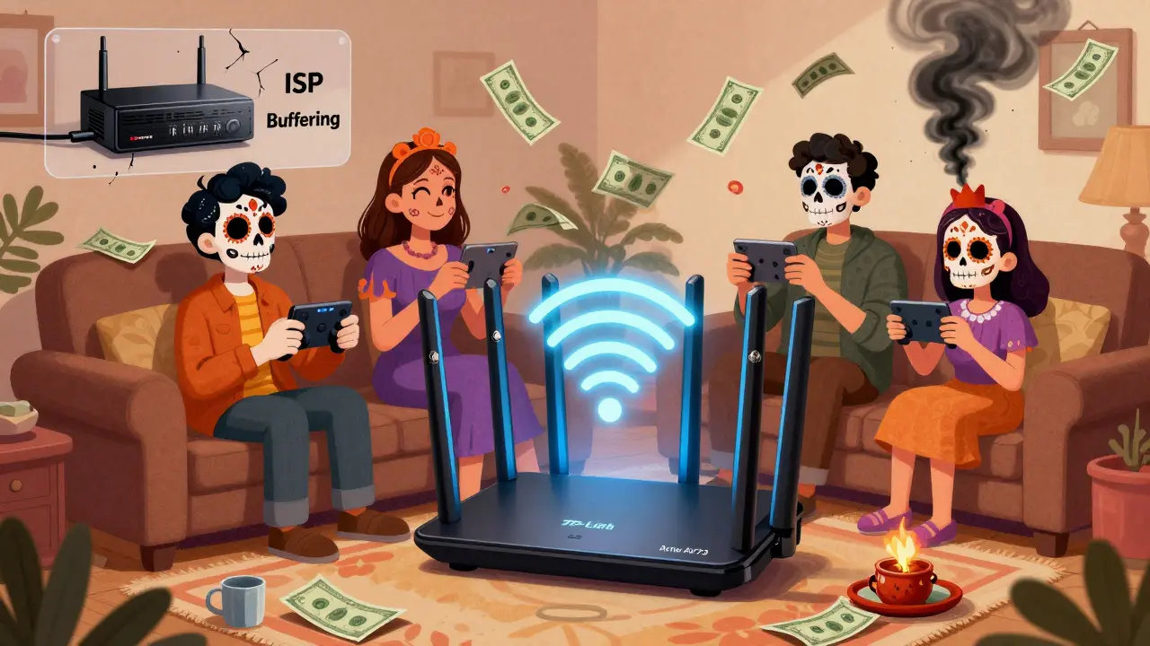 Family streaming happily as a radiant Wi-Fi 6 router shines, while a smoky ISP modem fades in the corner.