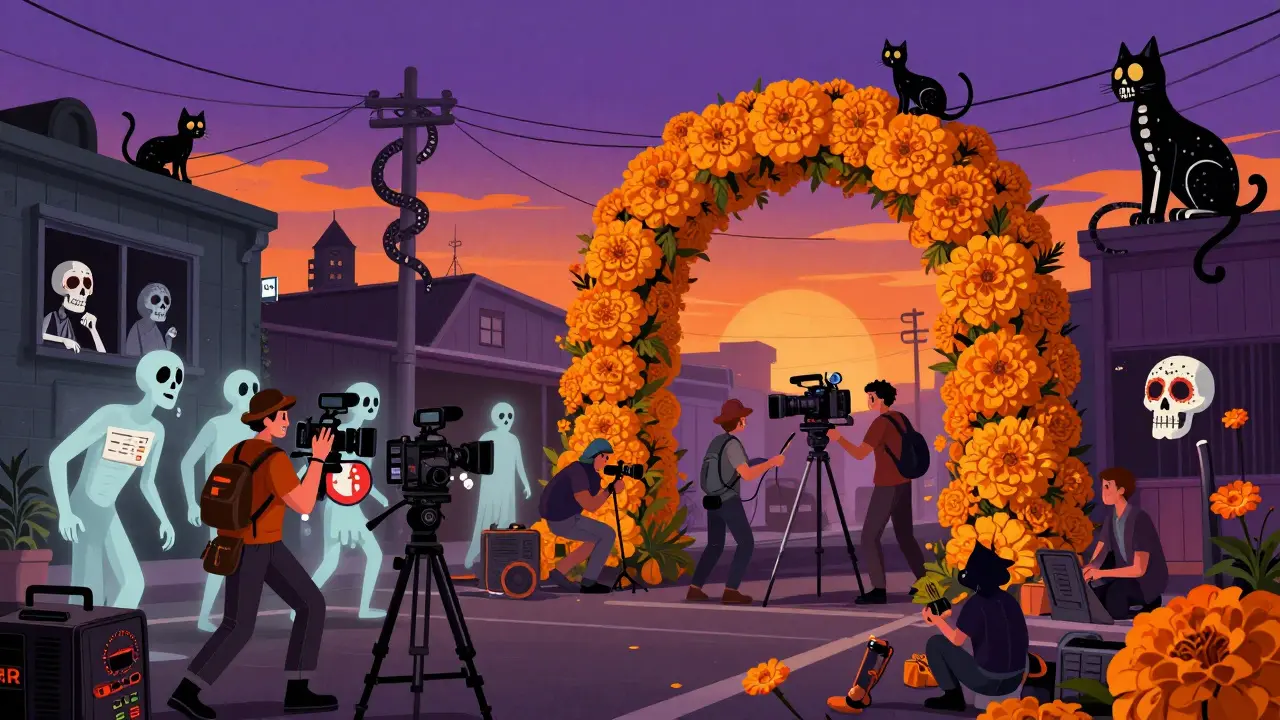 Filmmakers navigate a spectral Auckland street at dawn, surrounded by ghostly workers and floating permit skulls beneath a marigold arch.