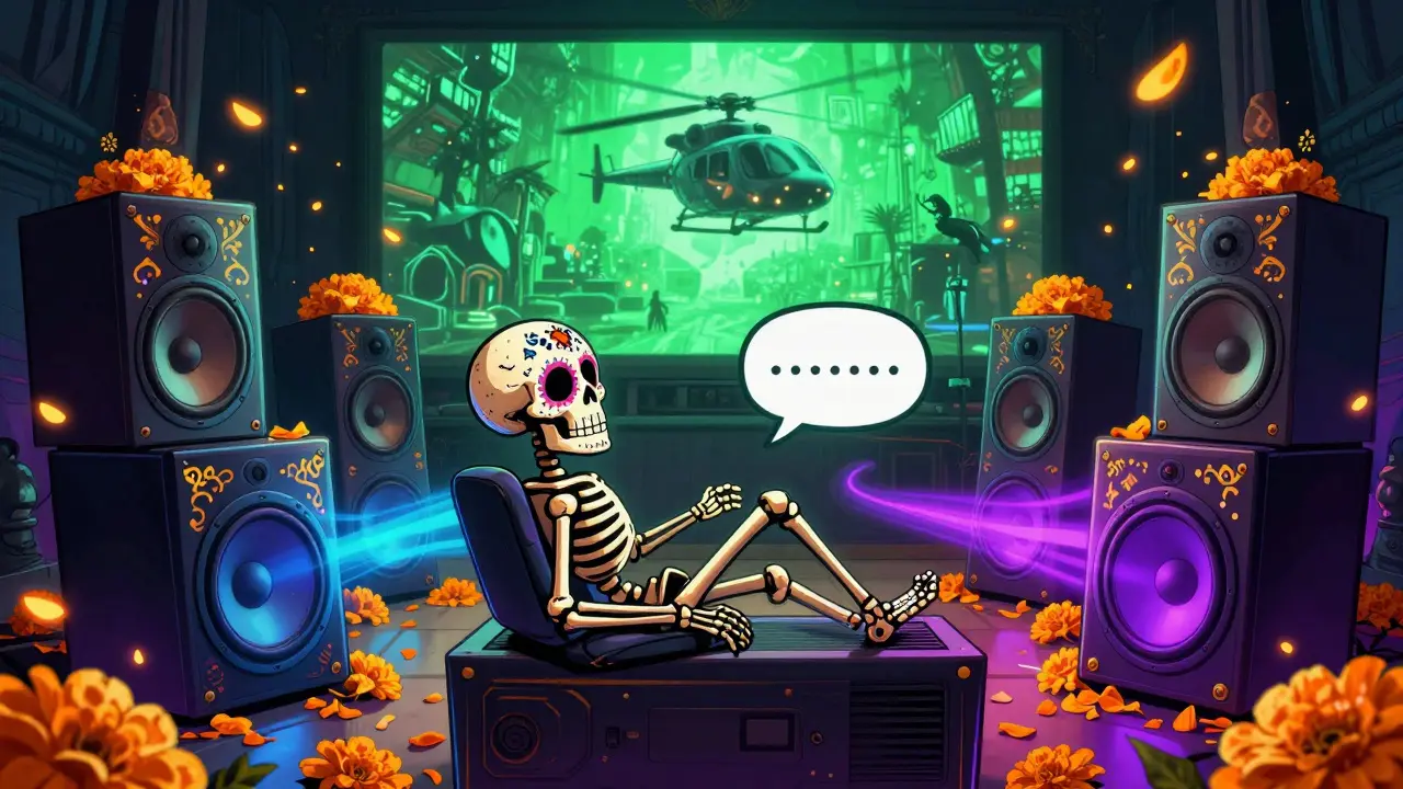 Five skeletal speakers form a circle around a viewer, emitting colorful sound waves in a vibrant home theater.