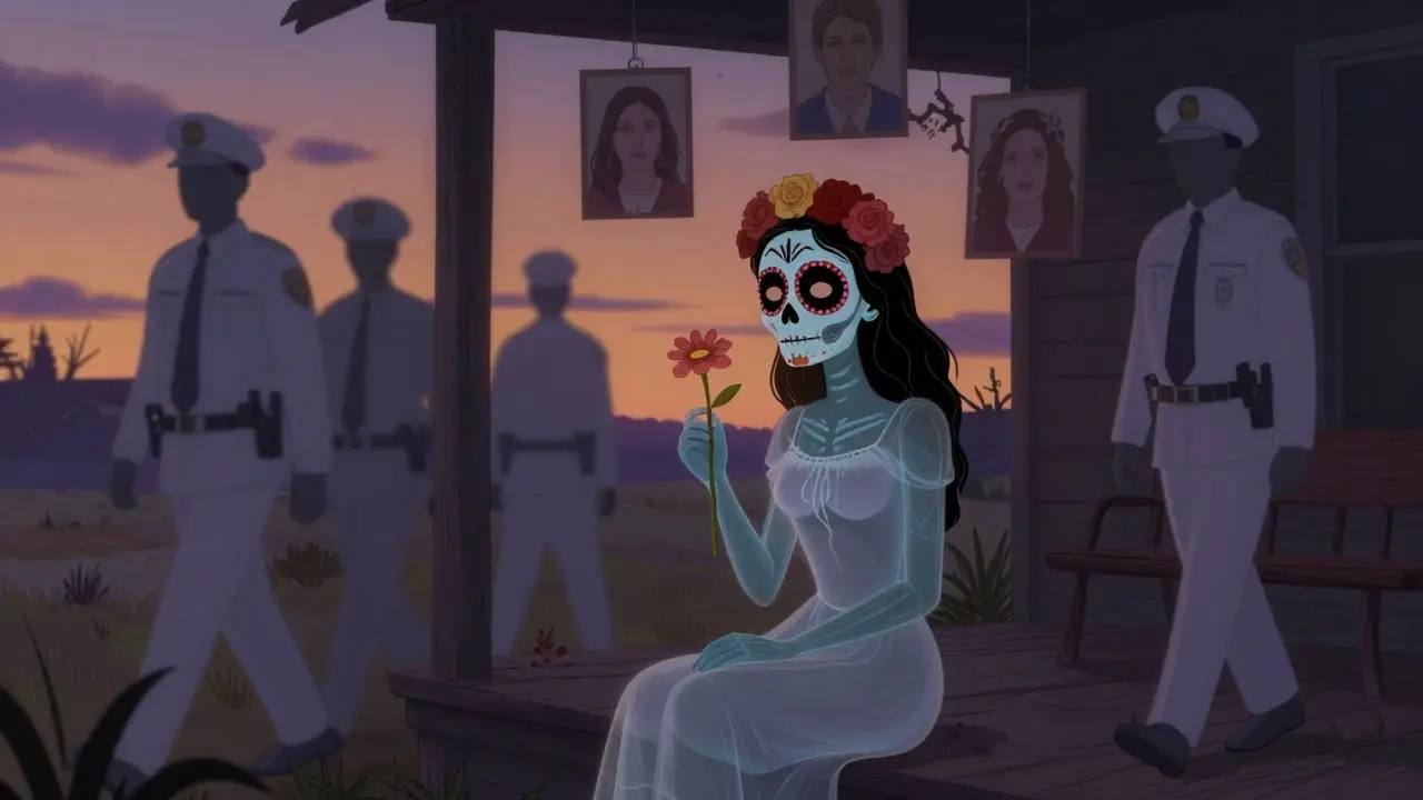 Mollie Kyle sits on a porch, translucent and strong, surrounded by floating memories of her lost family at dusk.