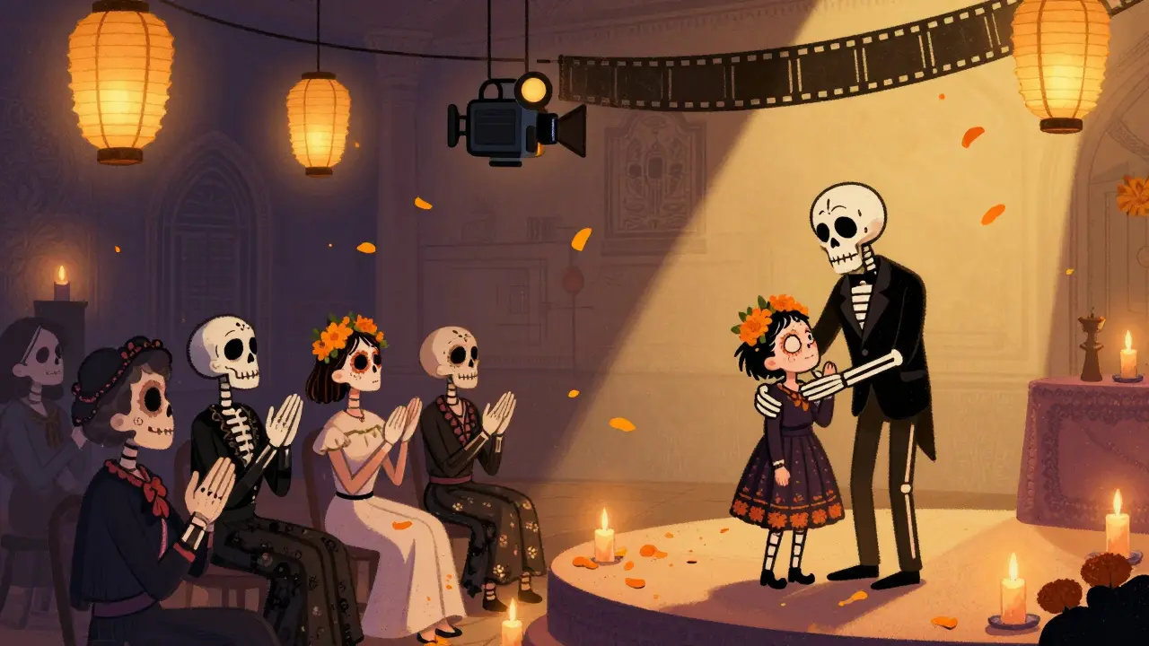 Quiet ceremony scene with skeletal audience applauding a winner, lanterns shaped like cameras floating above.