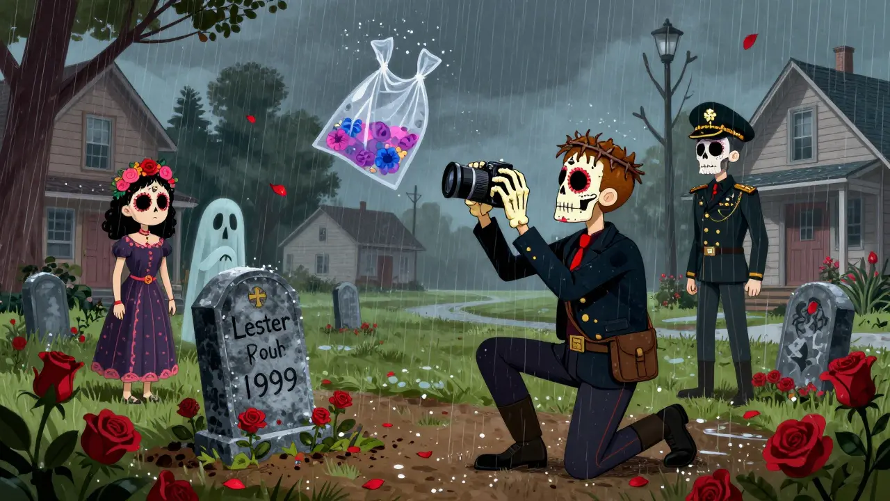 Ricky filming a plastic bag above Lester's grave, surrounded by ghostly figures of the family under falling rose petals.