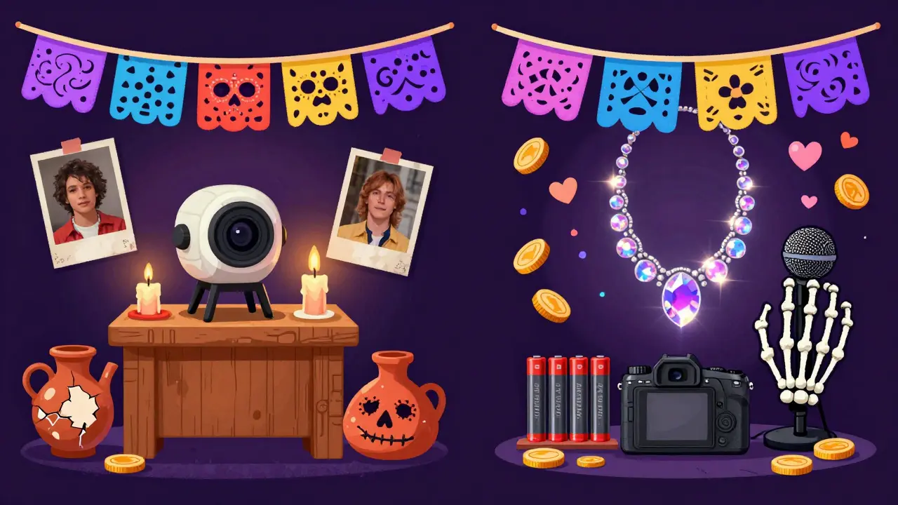 Side-by-side: a simple webcam altar vs. a full mirrorless setup with glowing gear, all in Day of the Dead illustration style.