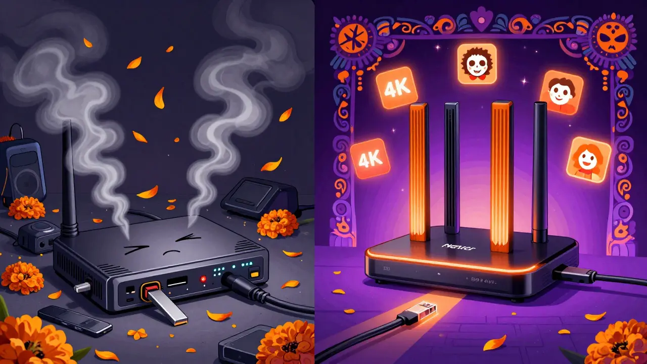 Side-by-side: broken ISP modem leaking smoke vs. glowing upgraded gear with alebrije patterns and streaming icons.