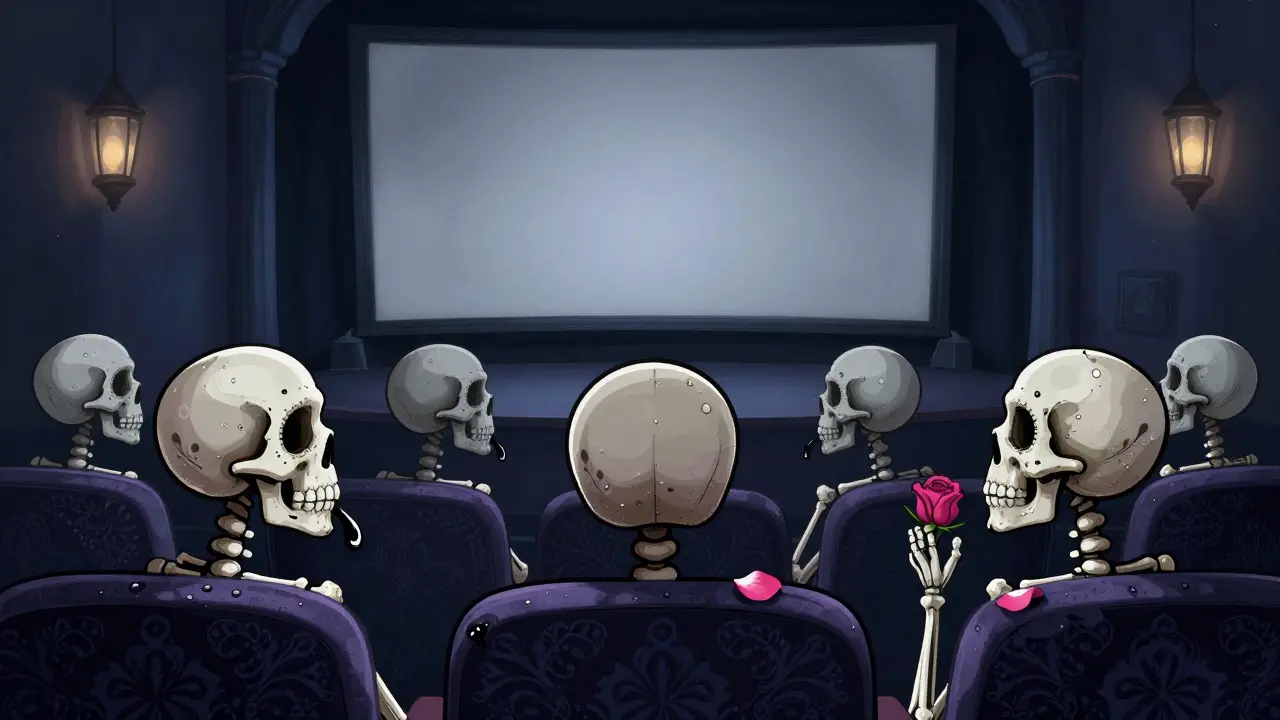 Skeletal audience sits in silent theater, one tear falling onto a rose petal before a blank screen.
