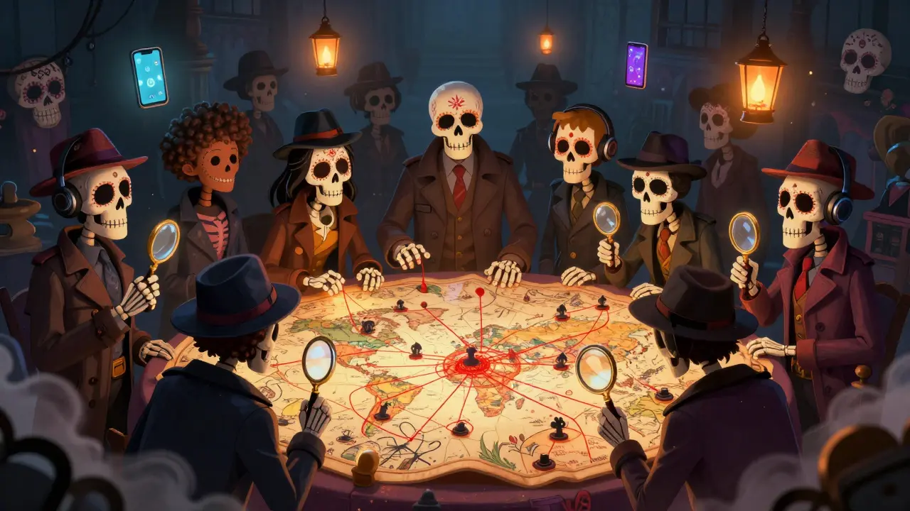 Skeleton detectives studying a glowing world map connected by red threads, with smartphone lanterns floating above.