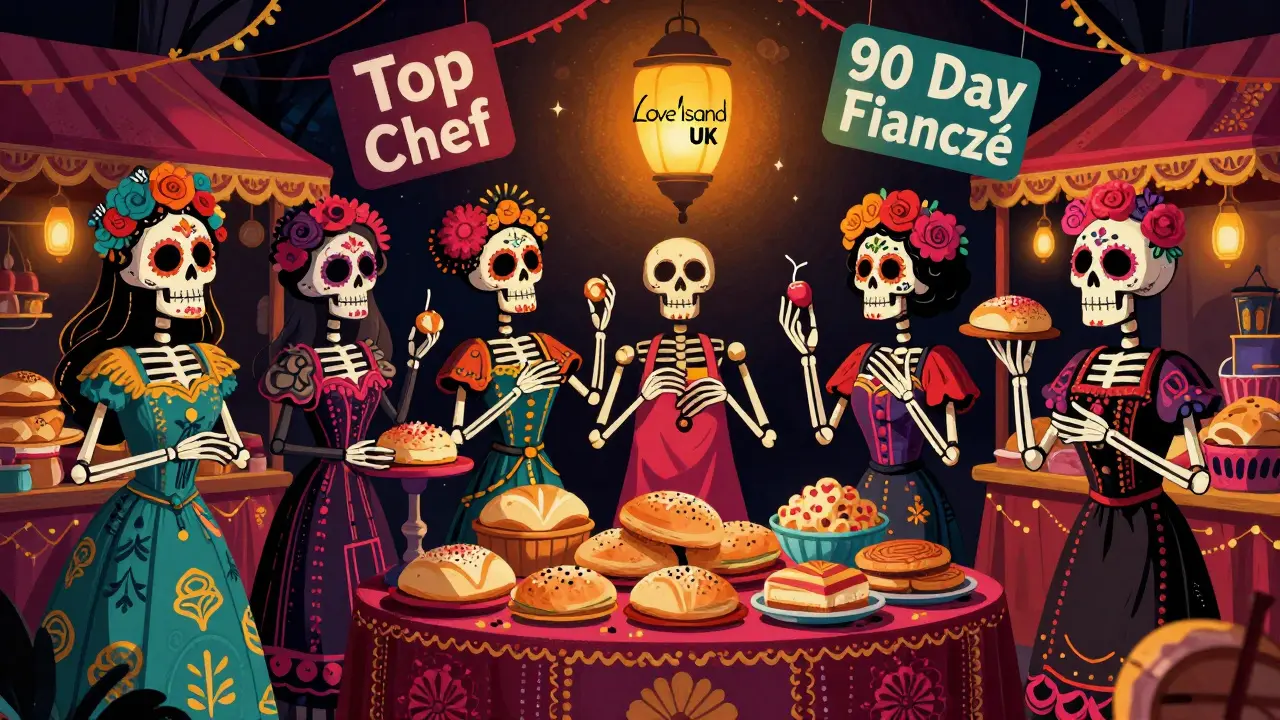 Skeletons selling reality TV gossip as bread in a vibrant Mexican marketplace.