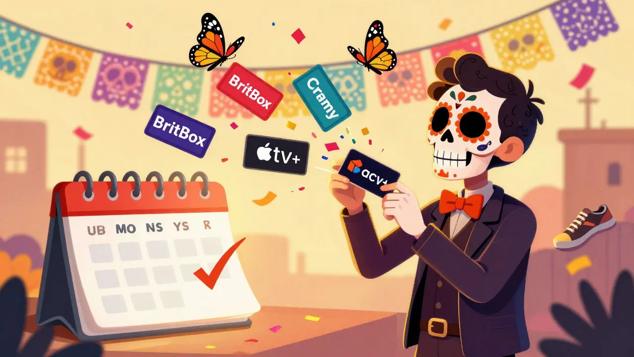 Someone shredding canceled streaming cards that turn into butterflies, with running shoes appearing as a symbol of savings.