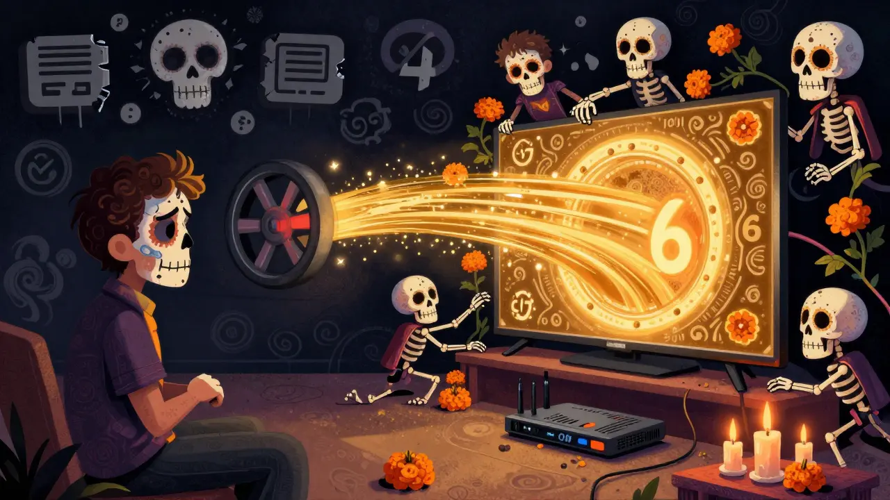 Split scene: frustrated user with buffering skull vs. happy user with smooth IPv6 stream