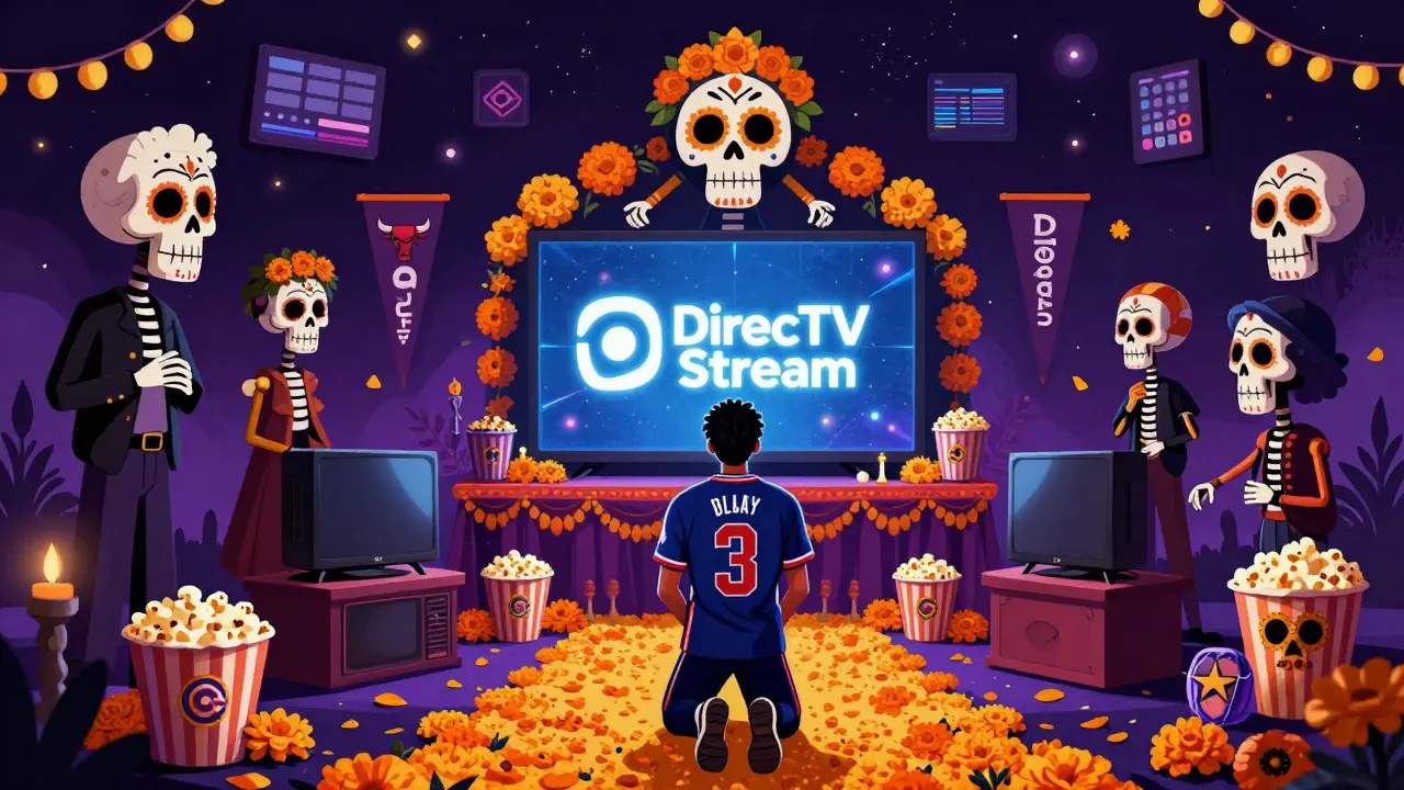 Sports fan honoring DirecTV Stream at a Day of the Dead altar with regional team banners, no ads, and celestial channels in ornate folk art style.