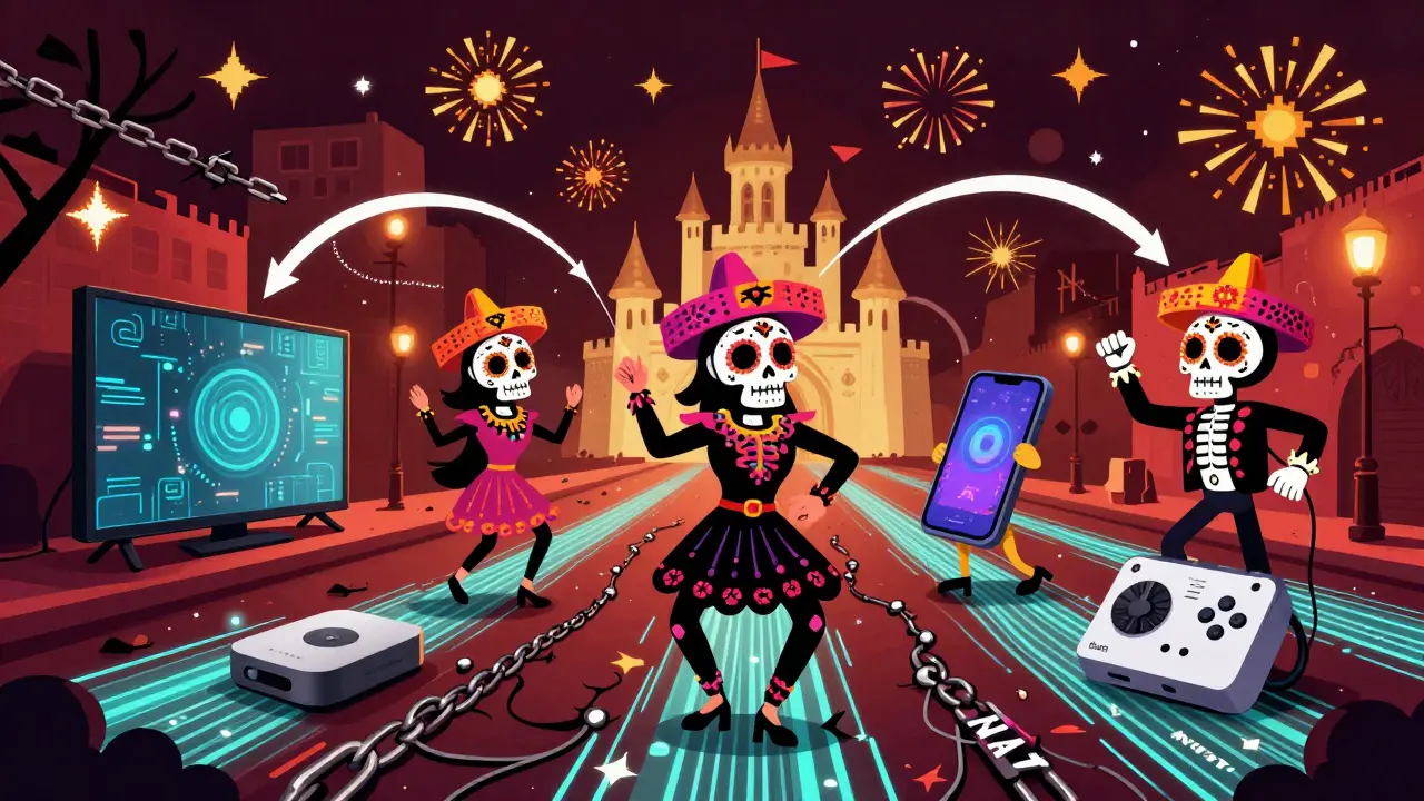 Streaming devices dancing in a Day of the Dead parade with IPv6 arrows to a server castle