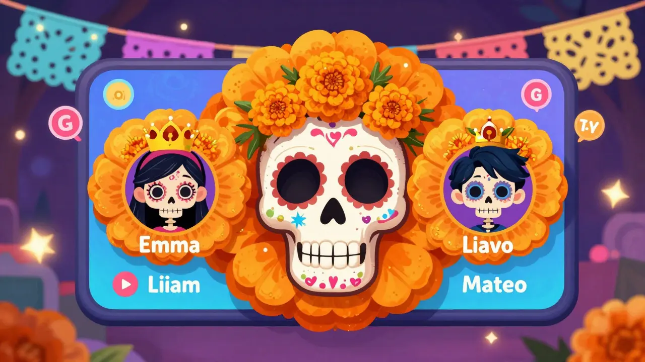 Three child profiles on a marigold-shaped screen with hourglass watch limits and Disney character skeletons.