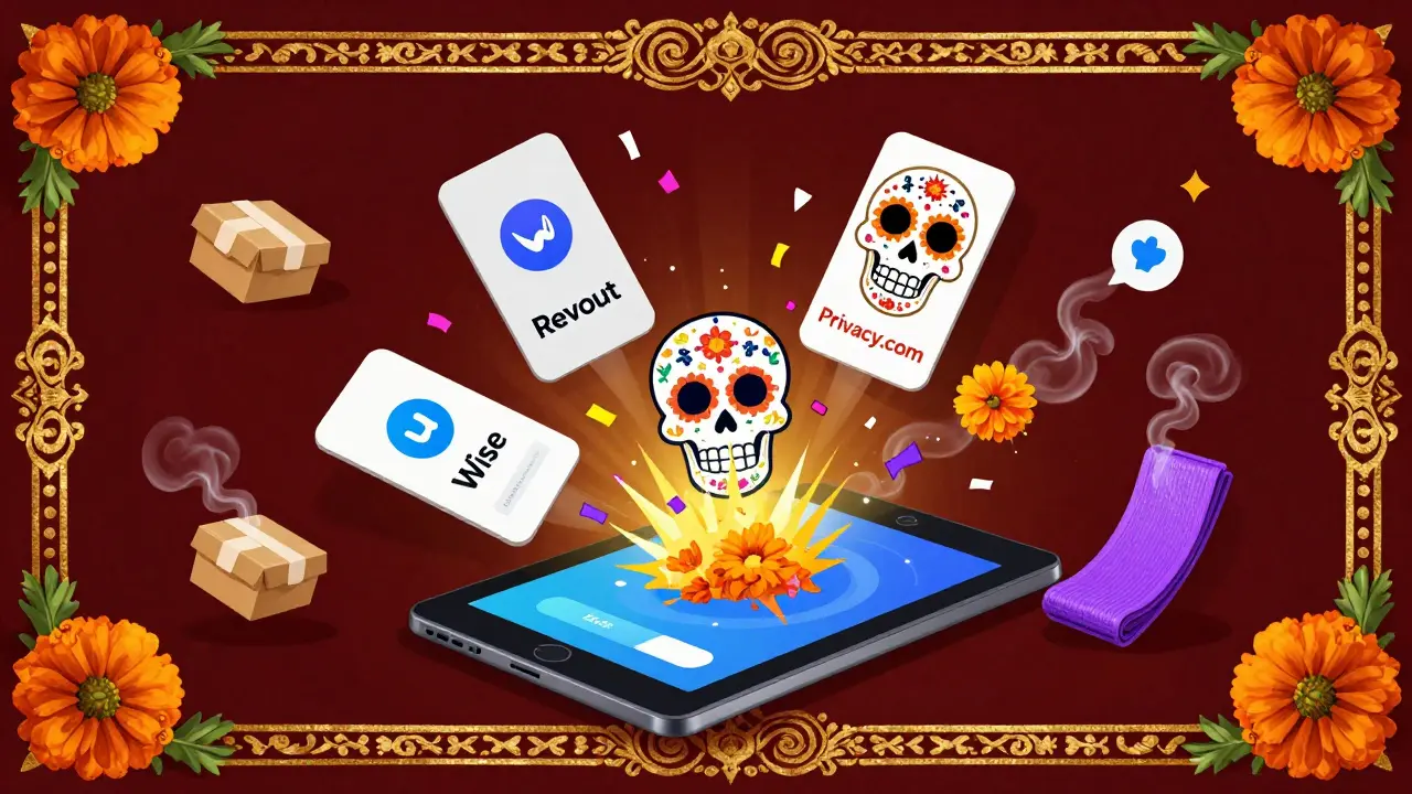 Three virtual card services spinning like sugar skulls, blocking a failed charge with marigold smoke.
