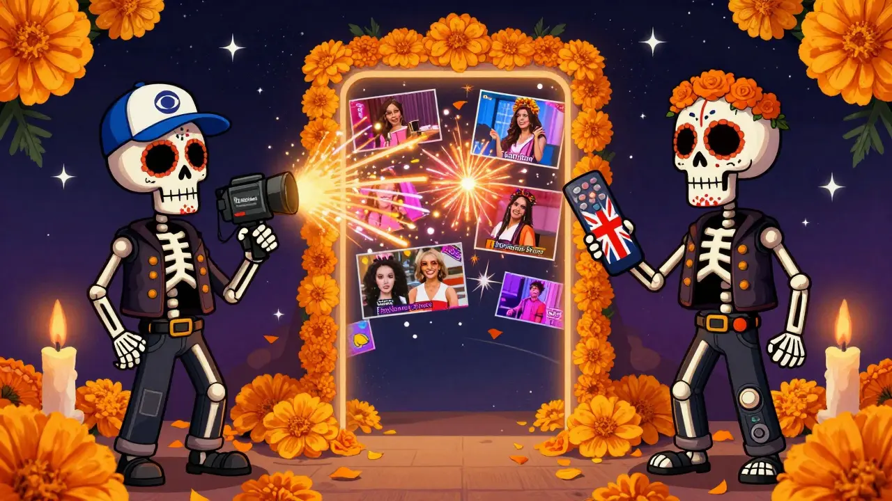 Two skeletons representing rival reality TV services beside a glowing portal of shows.