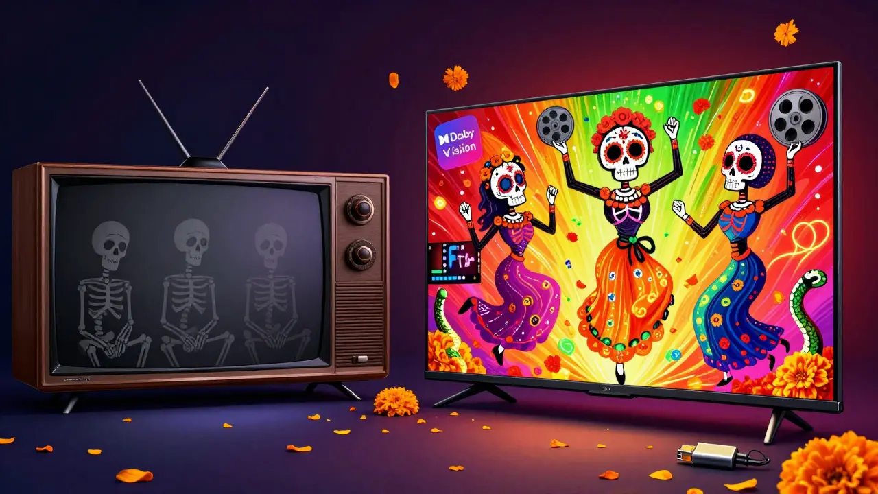 Two TVs side by side: one dull and gray, the other bursting with color, as skeletal dancers celebrate accurate HDR hues.