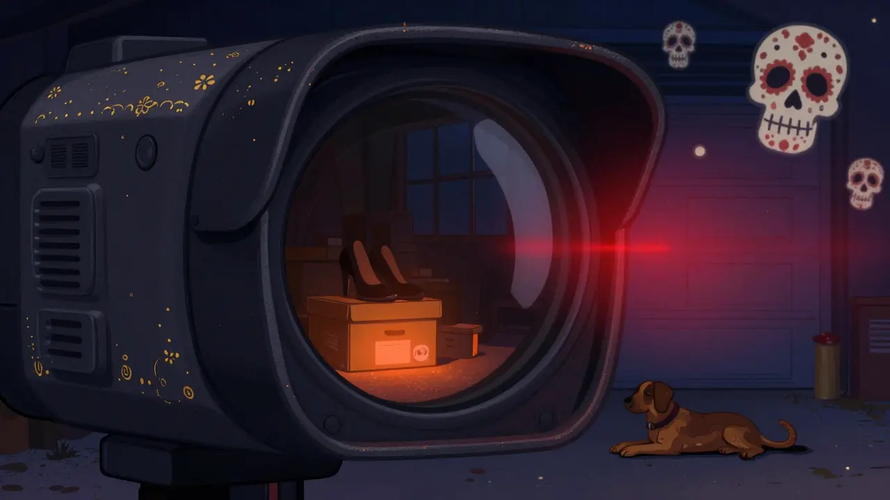 A body camera lens reflects glowing women’s shoes in a dark garage, with sugar skull motifs dissolving into static and a pulsing red recording light.