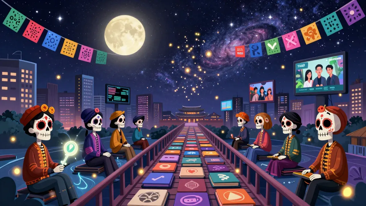 A bridge of streaming icons connects Korea to global viewers, with fans watching dramas under a starry sky, illustrated in Day of the Dead style.
