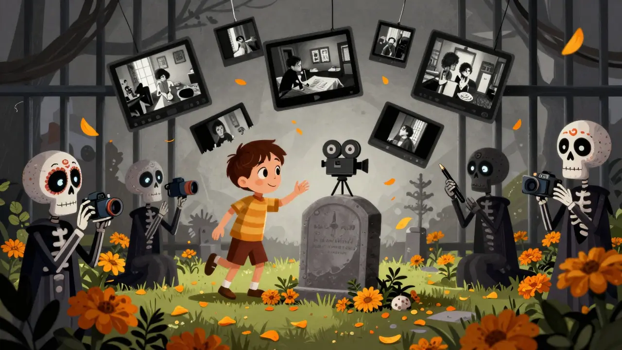A child’s birthday party fading into prison bars, with film stills and skeletal figures holding cameras above a grave marked by a camera.