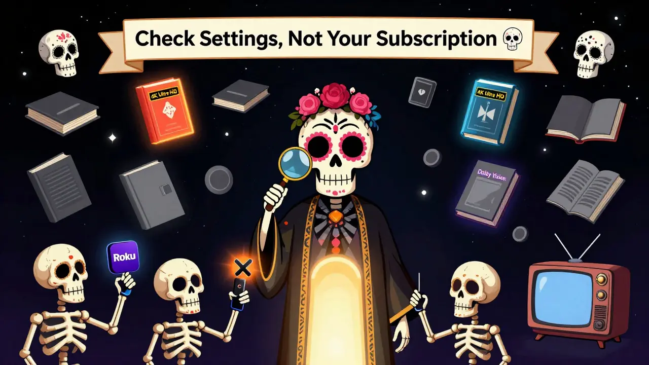 A cosmic library of Prime Video titles, some glowing in 4K, as skeletons hold devices toward a portal of resolution.