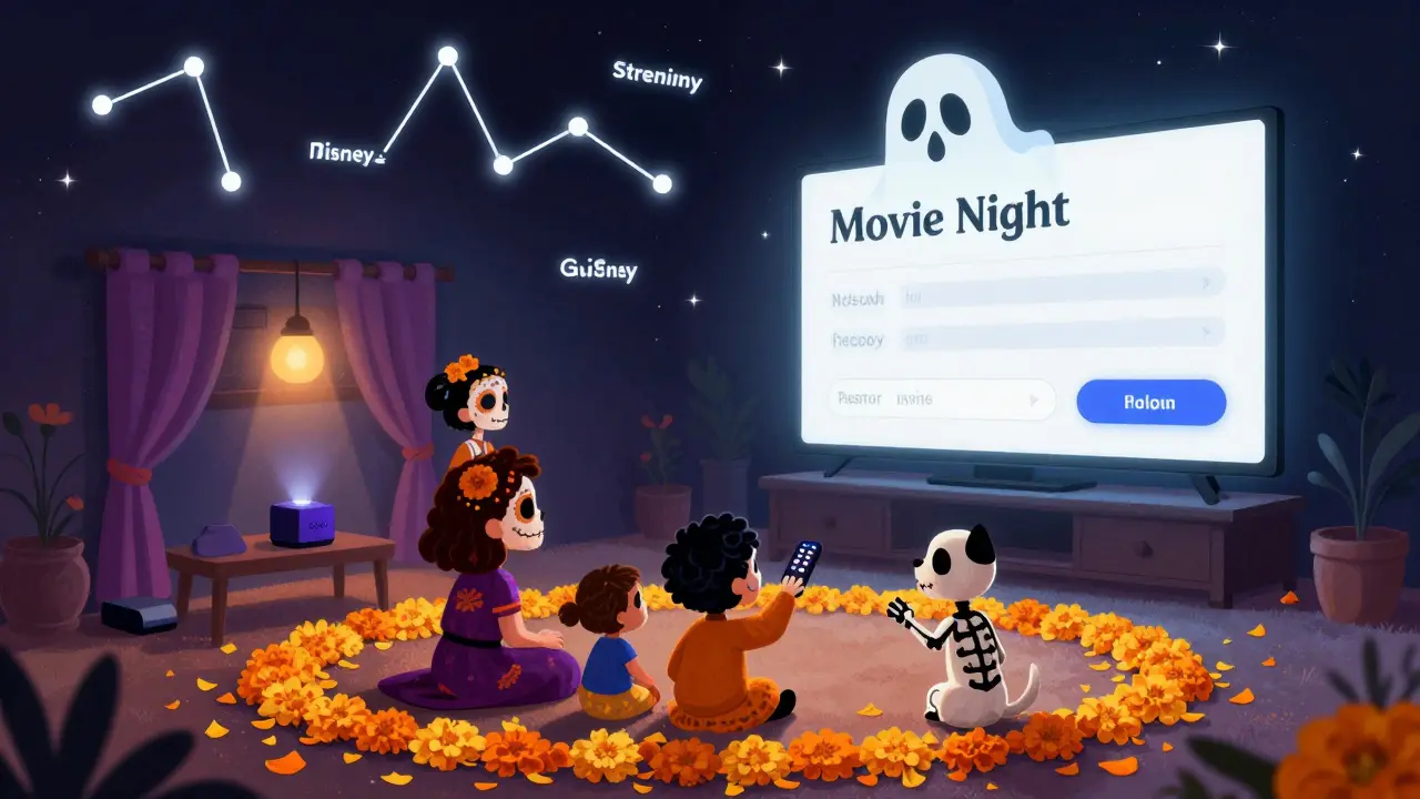 A family activating 'Movie Night' with one tap, guided by a skeletal dog and floating password manager in a vibrant Day of the Dead scene.
