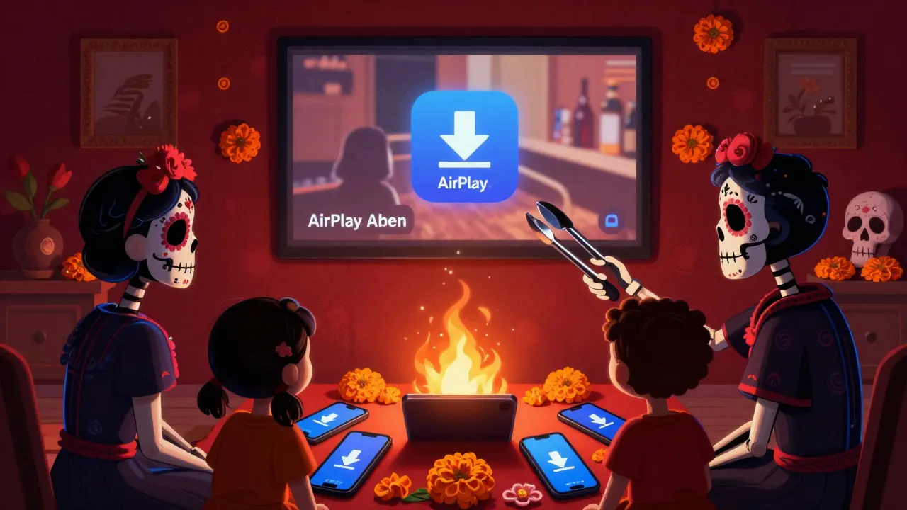 A family casting a downloaded show onto a wall while phones rest on an altar with skull icons, one skeleton removing an expired download.