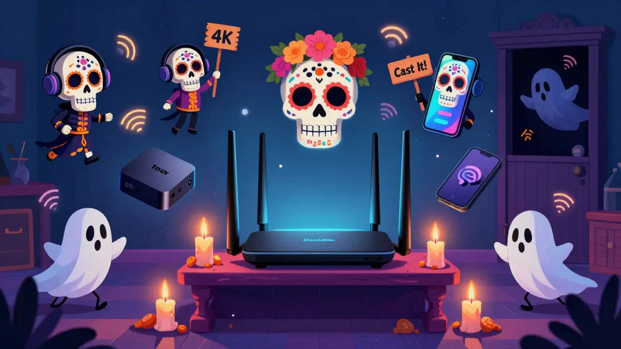 A glowing router as an altar, surrounded by streaming devices with skull motifs, casting light through a path of 5 GHz signals.